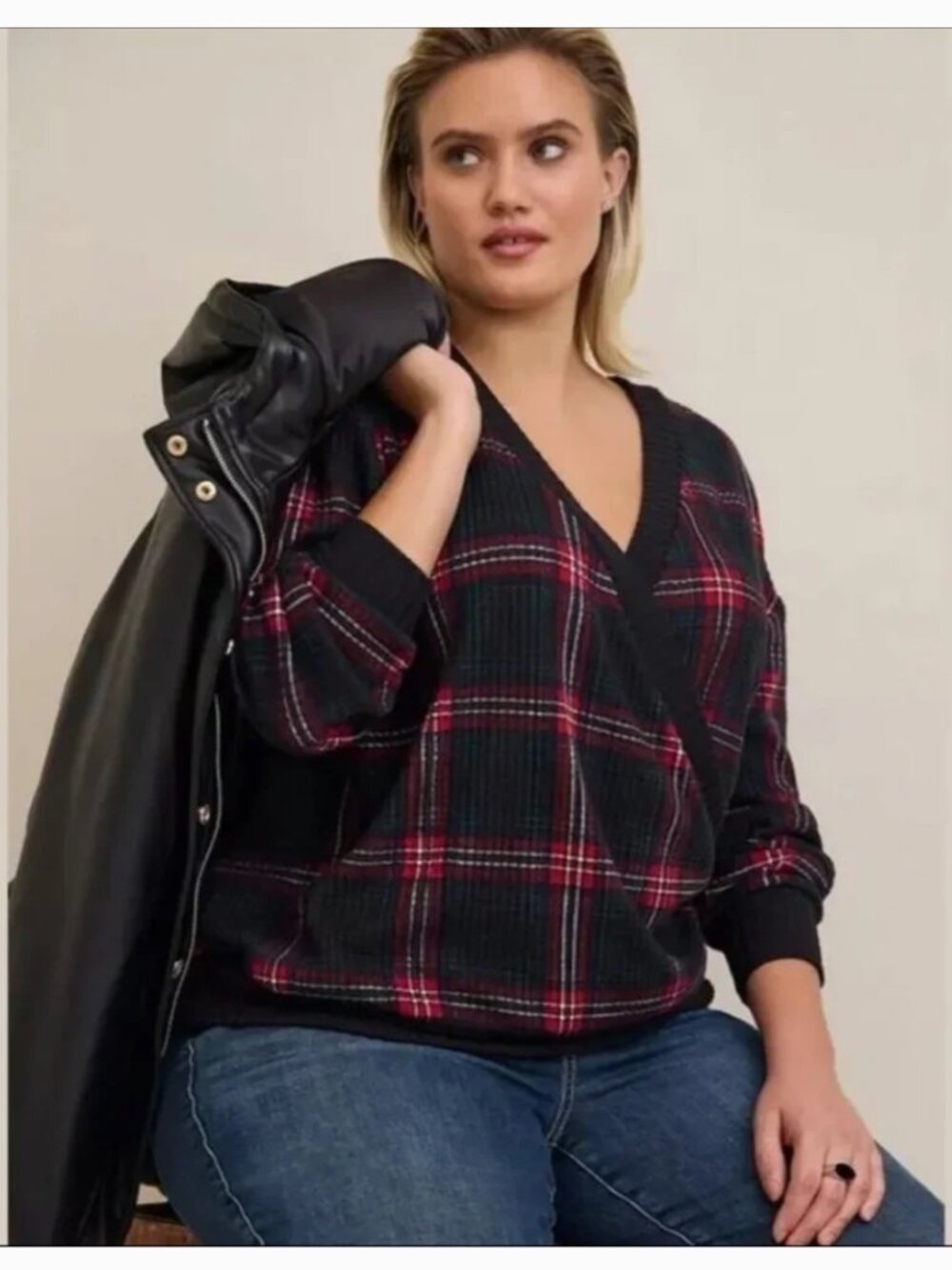 TORRID Plaid Long Sleeve Surplice V-Neck Brushed Waffle Knit Top Size 2
